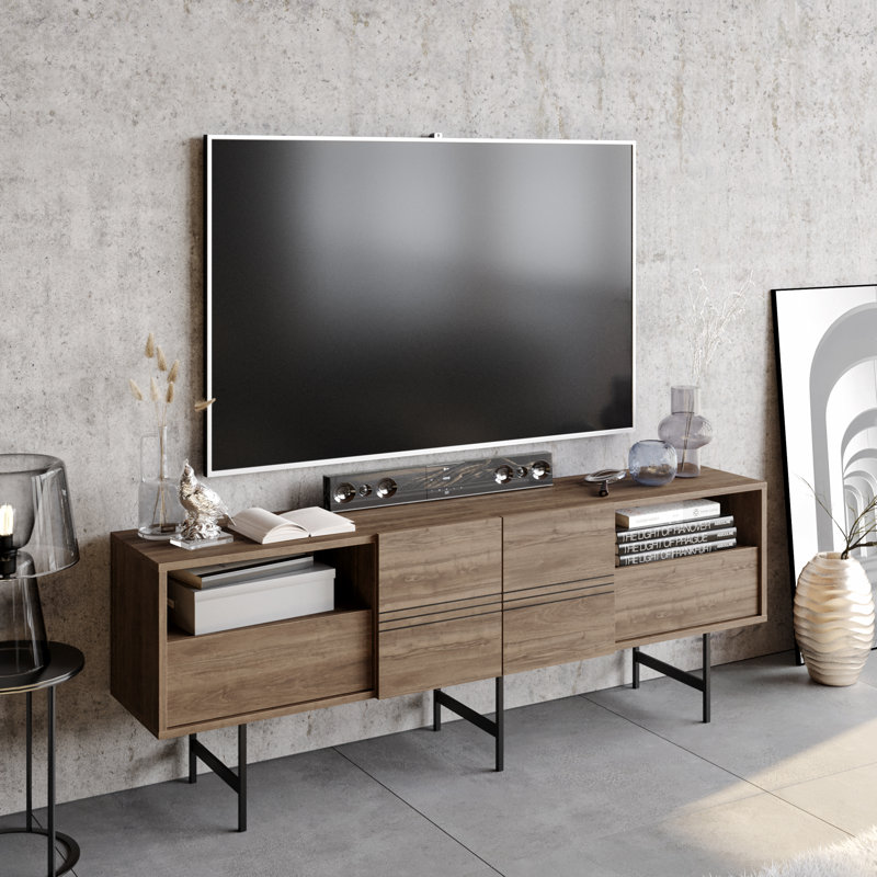 Meuble télé moderne avec option de fixation murale, noyer et noir, 70,9 po x 25,5 po x 14,6 po | 100% panneau de particules enduit de mélamine, épaisseur: 0,7 pouce | Design scandinave élégant avec de grandes tablettes pour le rangement