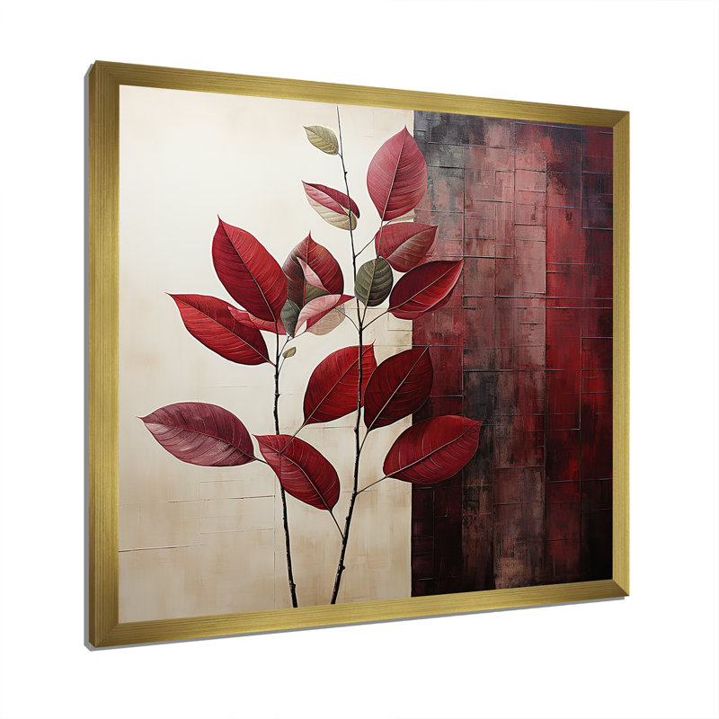 Bordeaux, feuille audacieuse II - feuilles, art mural, H 36 po x l 36 po x P 1,5 po, Cadre doré simple