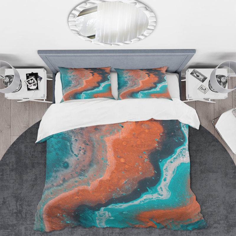 Composition abstraite de marbre en bleu et orange I - ensemble de housse de couette moderne - microfibre de polyester