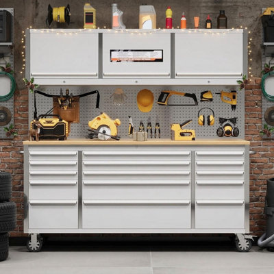 72" Tool Chest Cabinet with 15 Drawers, Rolling Tool Box with Power Strip, Locking System, Stainless Steel, Heavy Duty Storage Organizer, High Capacity Workbench for Garage, Workshop, Mechanics.
