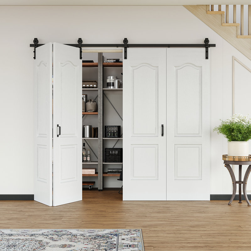Double porte de grange pliante double avec trousse de quincaillerie d'installation, 96 po x 84 po