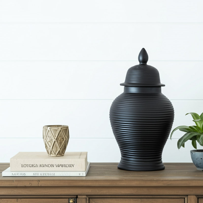 Ellport Stoneware Ceramic Decorative Jar with Lid - Modern Textured Design, Black, 24" H x 12" W x 12" D