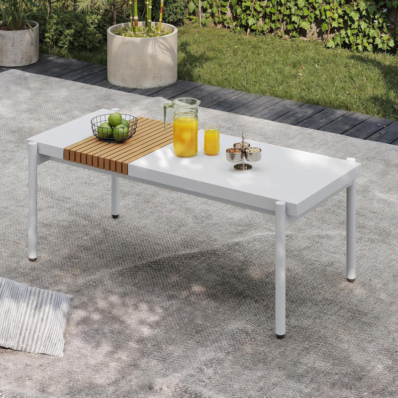 All-Weather Metal Patio Coffee Table – Durable, Spacious, Wood-Look Slatted Top, White