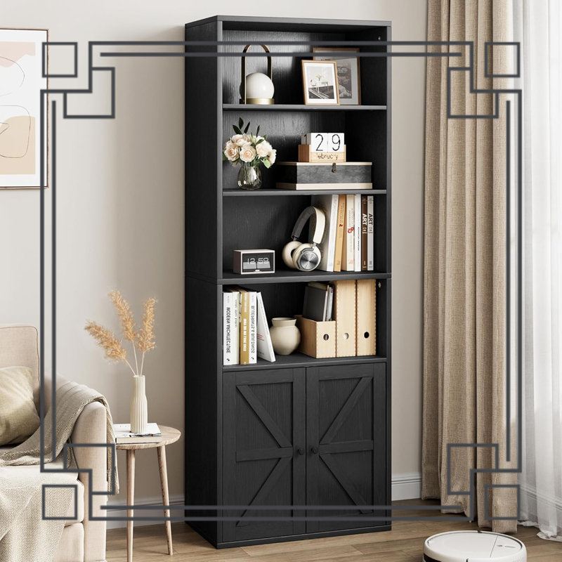 Bibliothèque haute avec portes, bibliothèque en bois à 4 niveaux, Noir