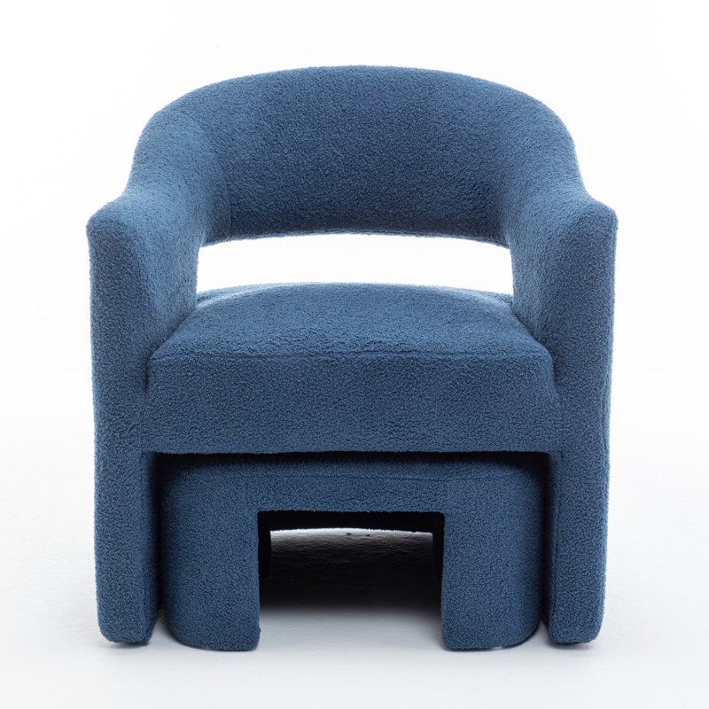 Torrence Upholstered Barrel Chair With Ottoman, Navy Faux Fur