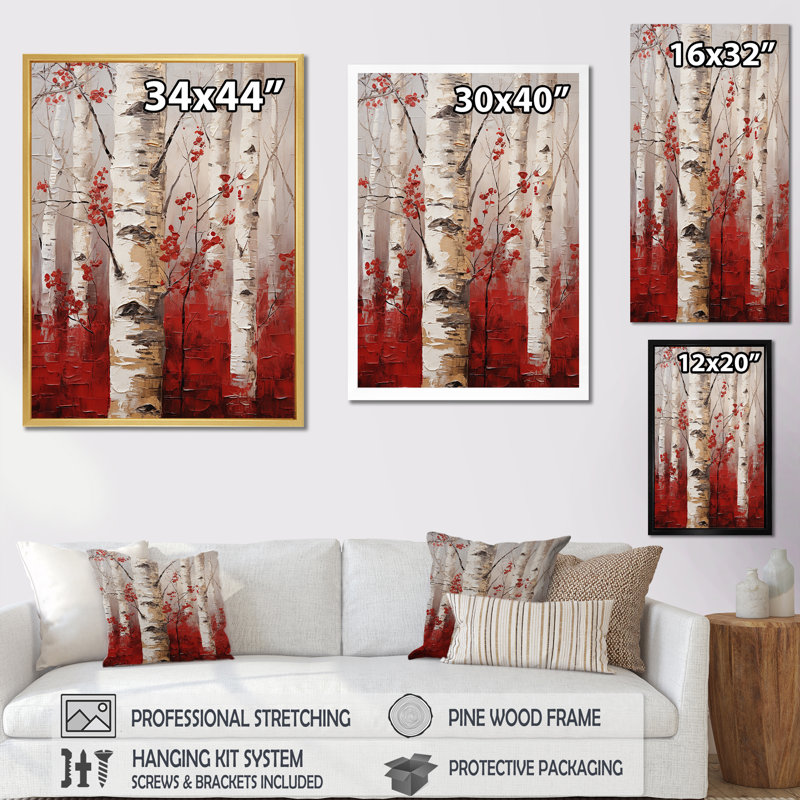 «White and Red Birch Wood In Winter V», impression sur toile de bouleau, H 20 po x l 12 po x P 1 po, Cadre flottant doré