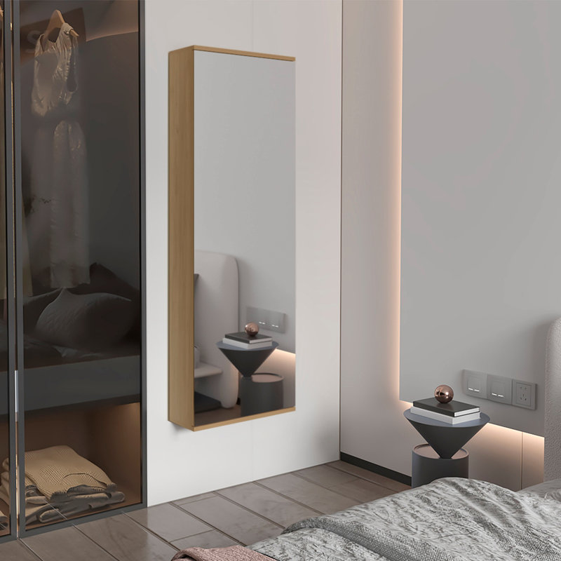 Range-chaussures mural avec miroir, porte simple, capacité pour dix chaussures, solution de rangement peu encombrante, Oak
