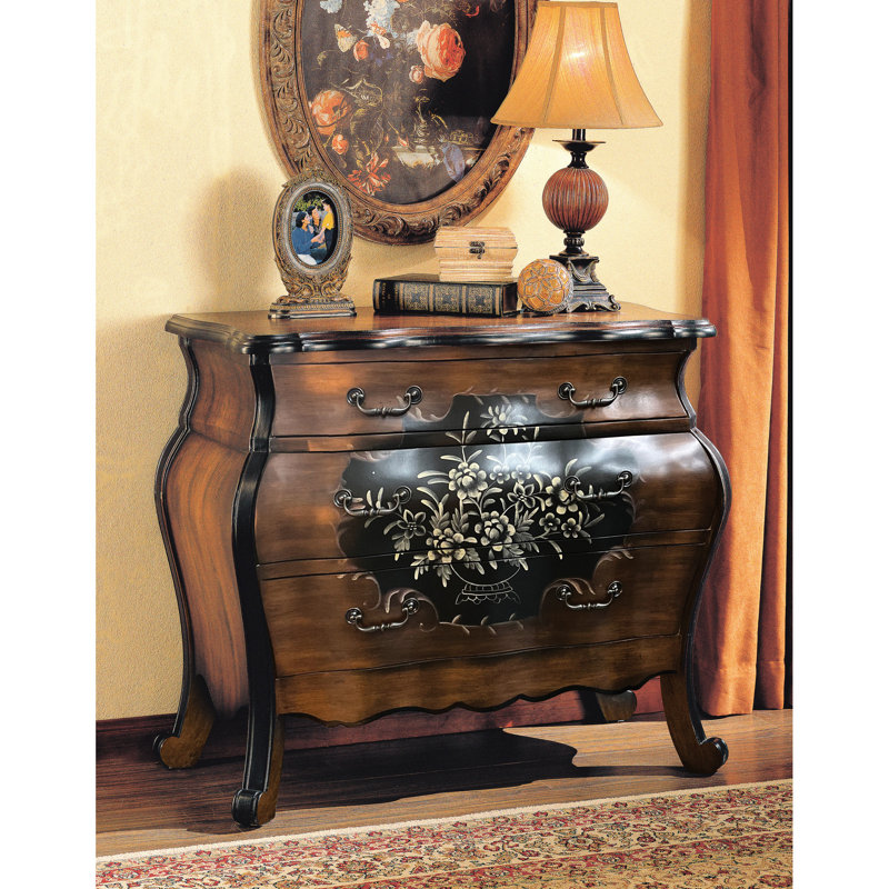 Commode de chambre en chêne et noir antique à motifs floraux - 3 tiroirs