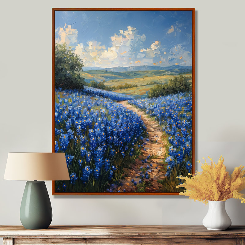«Summer Morning Magic Blue Bonnets Fields I - Blue Bonnets», reproduction d'art murale, Cadre flottant brun