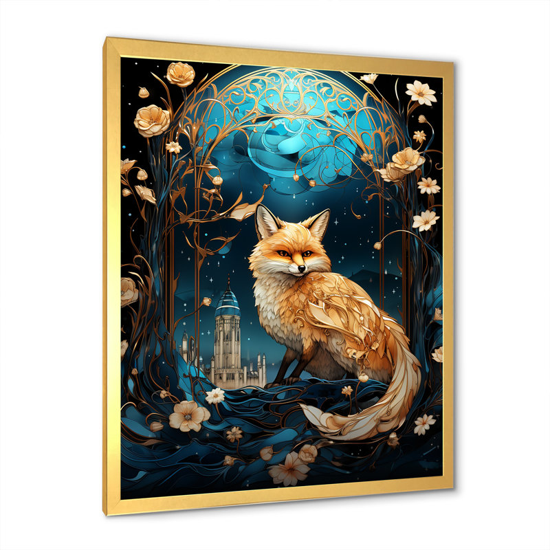 Beige et bleu clair de lune, forêt, renard, art mural animal, Cadre doré simple, H 44 po x l 34 po x P 1,5 po