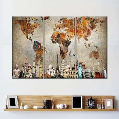 Ensemble de 3 pièces de carte du monde rouillé sur toile
