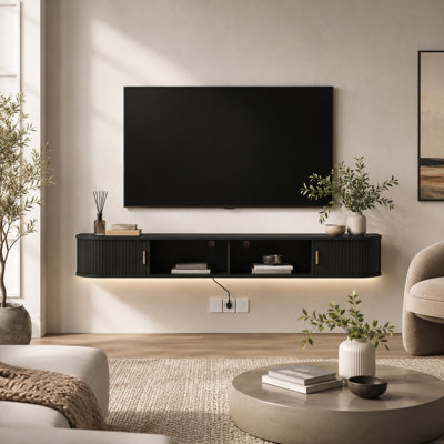 Meuble télé 69 po avec lumières DEL, console multimédia murale avec portes coulissantes