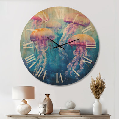 Horloge murale plage en bois - Méduse rougeoyante dans l'océan