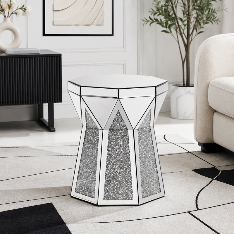 Table basse miroir de style tambour avec incrustations de cristal