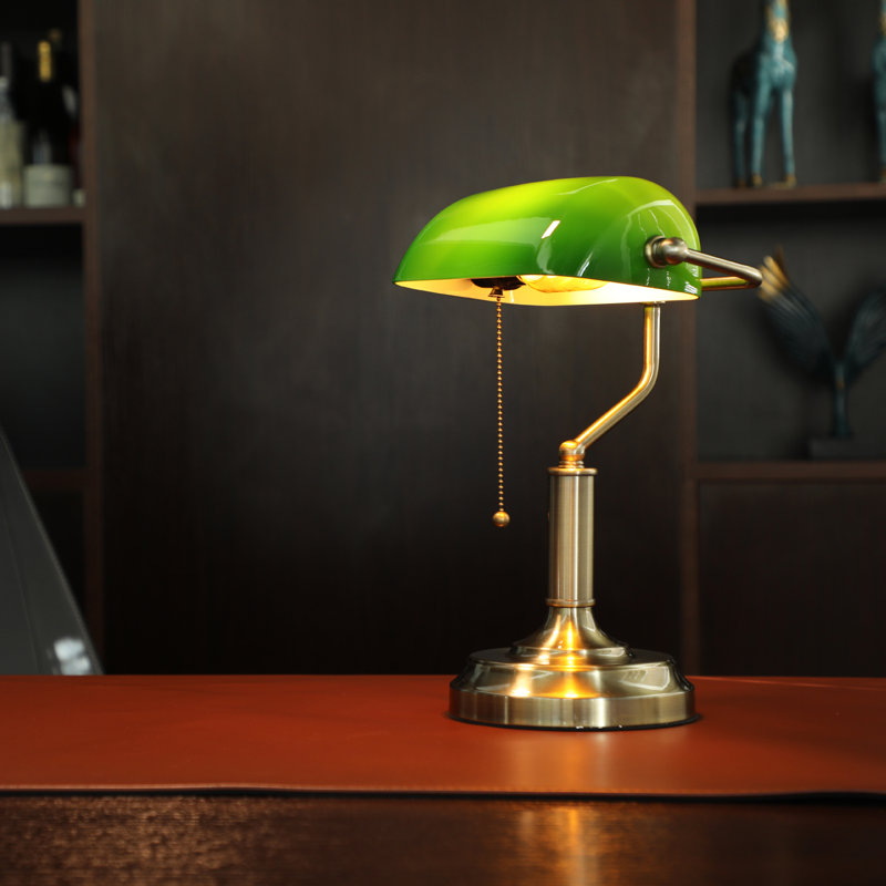 Lampe de bureau de lecture en verre vintage avec chaînette et abat-jour réglable (vert émeraude)