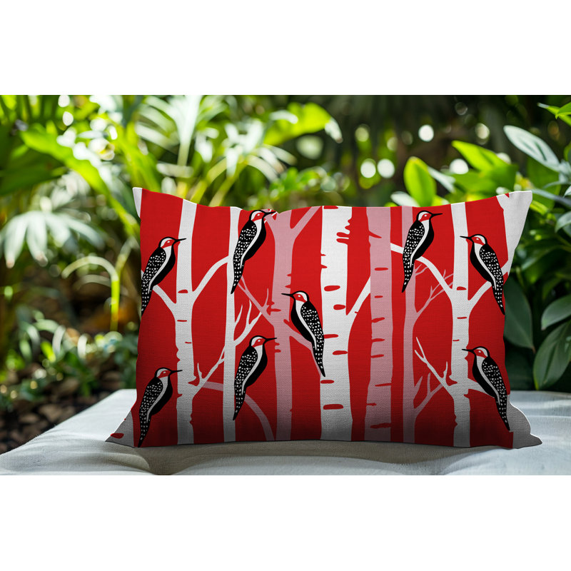 Oreiller réversible intérieur / extérieur Fiore Bird, Rectangle H 14 po x l 20 po, Rouge
