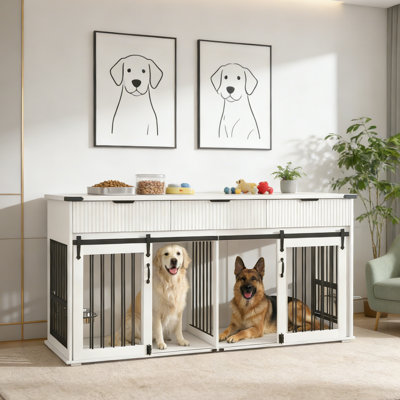Furniture Style Double Dog Crate with 3 Fluted Drawers