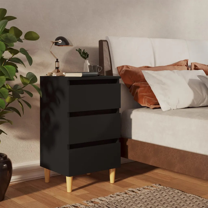 Solihull Bed Cabinet with Solid Wood Legs, Black, 1