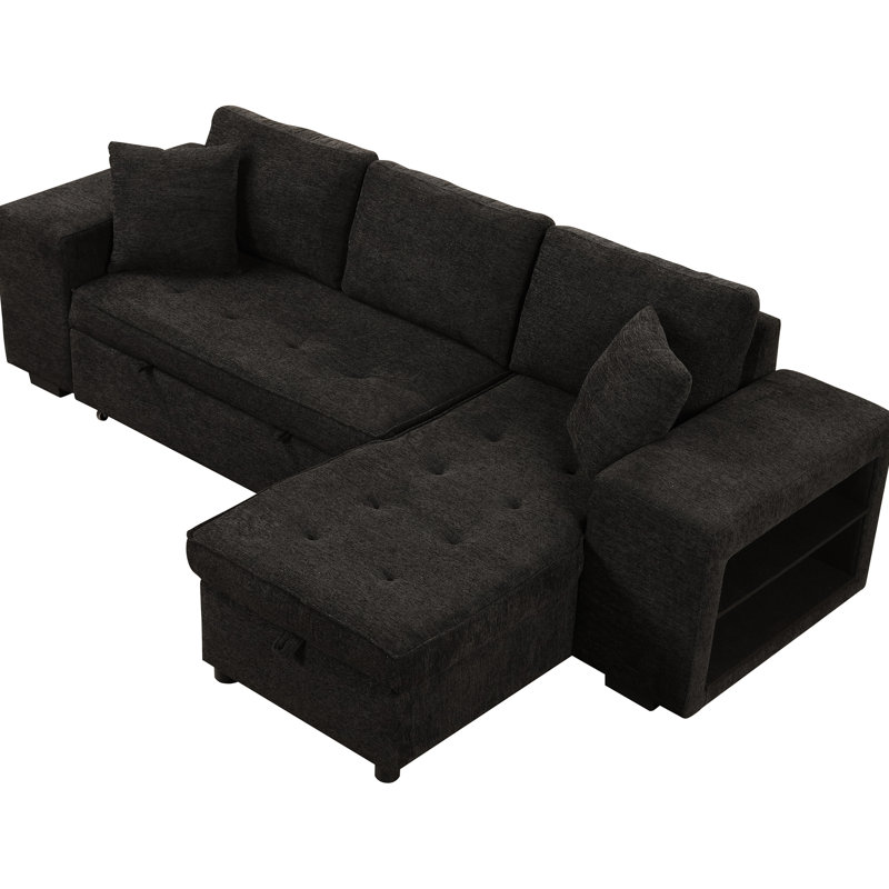 104.5" Sectional With Storage Chaise, Sleeper, 2 Stools, Charcoal Grey Comfort L-Shape Sleeper Function And Storage, Stools