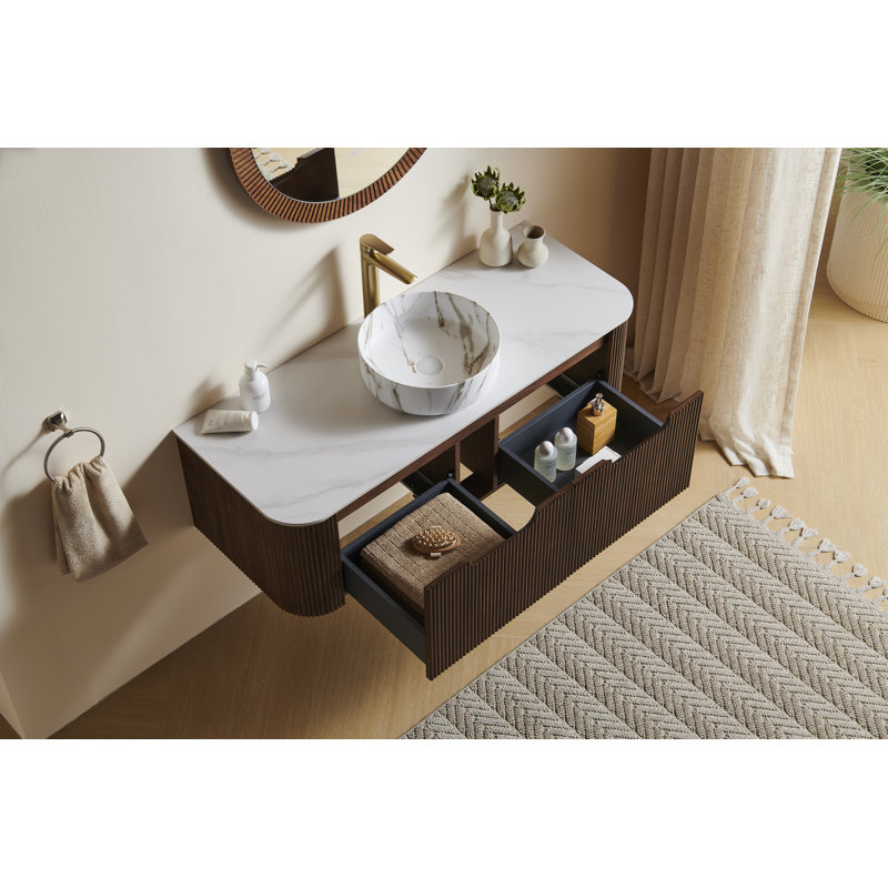Meuble-lavabo de salle de bain mural à bords arrondis avec 2 tiroirs Dina 48 po avec lavabo Dina, Brun