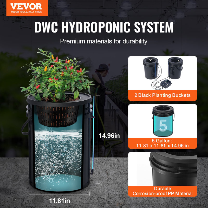 Système de culture hydroponique, système de culture hydroponique avec trousse d'égouttement, culture en eau profonde, 5 seaux, avec pompe à air, pierres à air et dispositif de niveau d'eau pour les légumes-feuilles