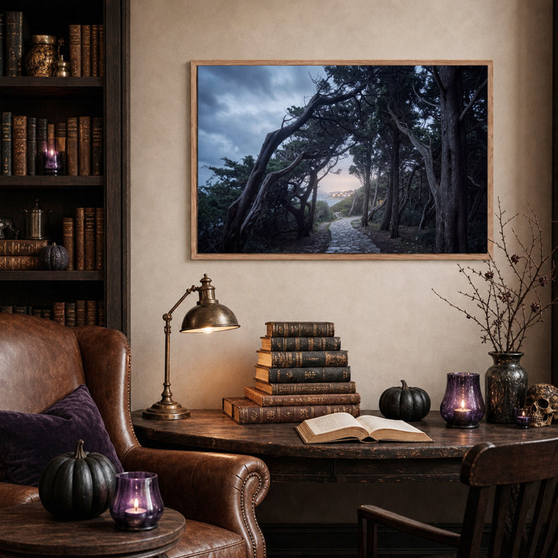 Art mural sur toile Tw Twist Trees Stone Path To Coastal Village, H 32 po x l 48 po