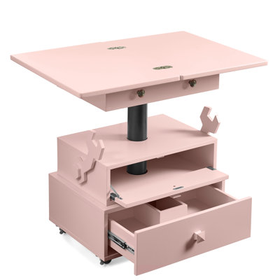 High-Gloss Lacquered Adjustable Height Rolling End Table with Charging Station&Universal Wheels with Brakes, Multi-functional Lift Top Table with Storage Drawers for Living Room Bedroom