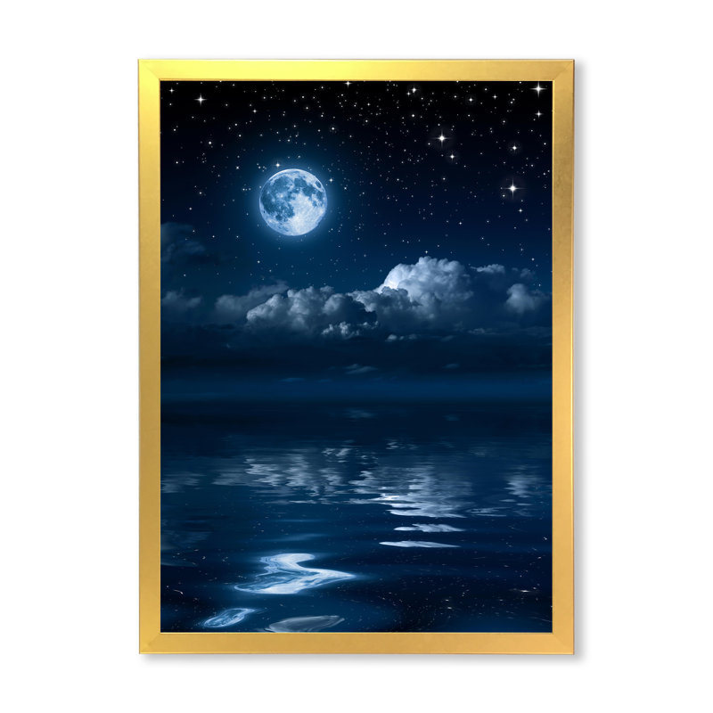 Pleine lune dans le ciel nocturne nuageux I - photographie sur toile, H 32 po x l 16 po x P 1 po, Cadre doré