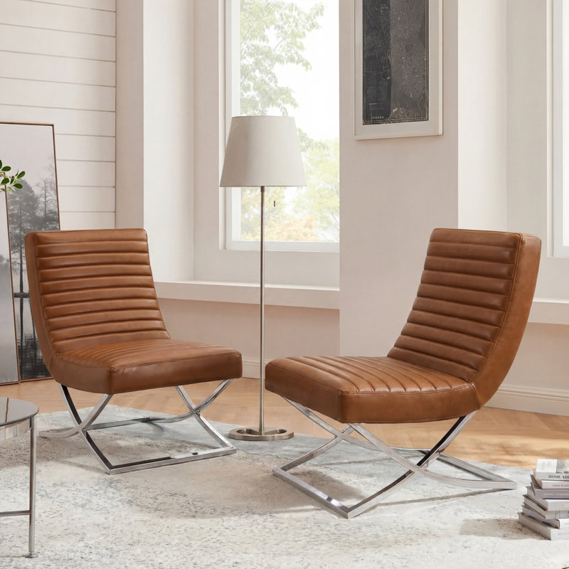 Magdaia 25"W Tufted Leather Upholstered Armless Accent Lounge Chair with Stainless Steel Leg (Set Of 2)