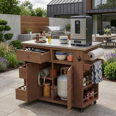 Îlot de cuisine extérieur extensible en acier inoxydable avec support à épices latéral et cabine de rangement