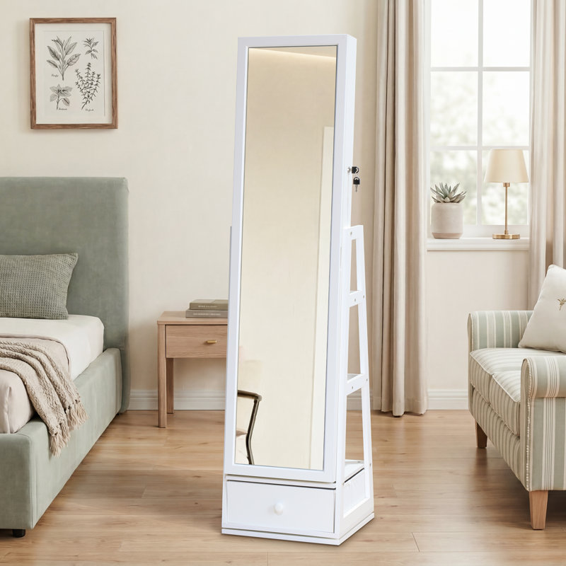 360° Rotating Jewelry Armoire with Full Length Mirror, LED Lighted Vanity Station with Foldable Shelf, White