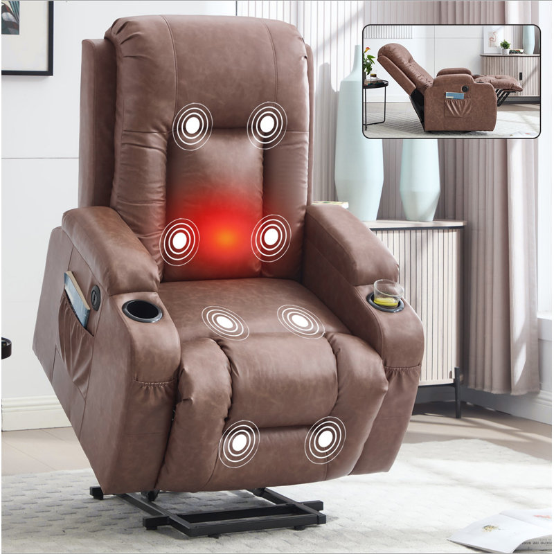 PU Infinite Position Up To 350 LBS Power Lift Recliner Chair For Elderly, Heavy Duty Motion Mechanism With 8-Point Vibration Massage And Lumbar Heating, USB Charging Port, Cup Holders