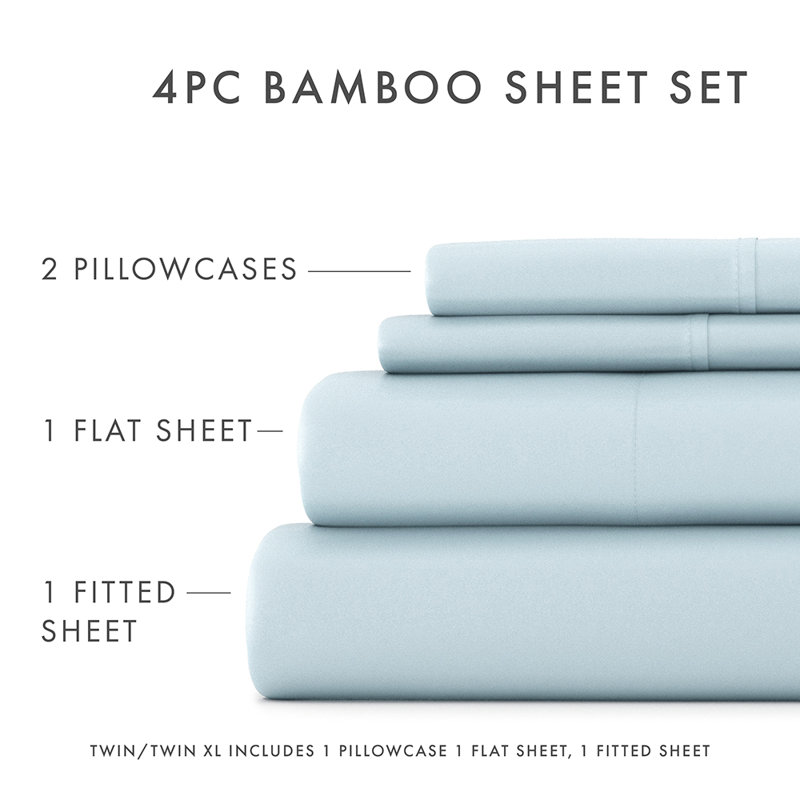 Ensemble de draps 100% rayonne de bambou, Ensemble de draps pour grand lit avec 2 taies d'or, Bleu clair