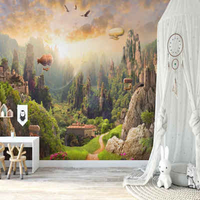 Papier peint fantaisie, paysage montagnard en montgolfière, décor de rêve pour chambre d'enfant, peler et coller