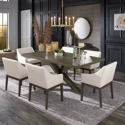 Carrazco Weathered Wood Finish Table With Cross Base Dining Set - 72" Table With Beige Linen, Slop Arm Chairs, 7-Piece