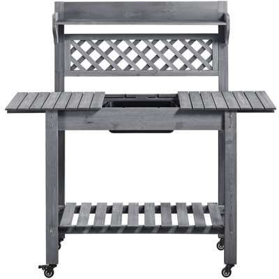 Jihane Fir Wood Potting Bench with Sliding Tabletop and Lockable Wheels