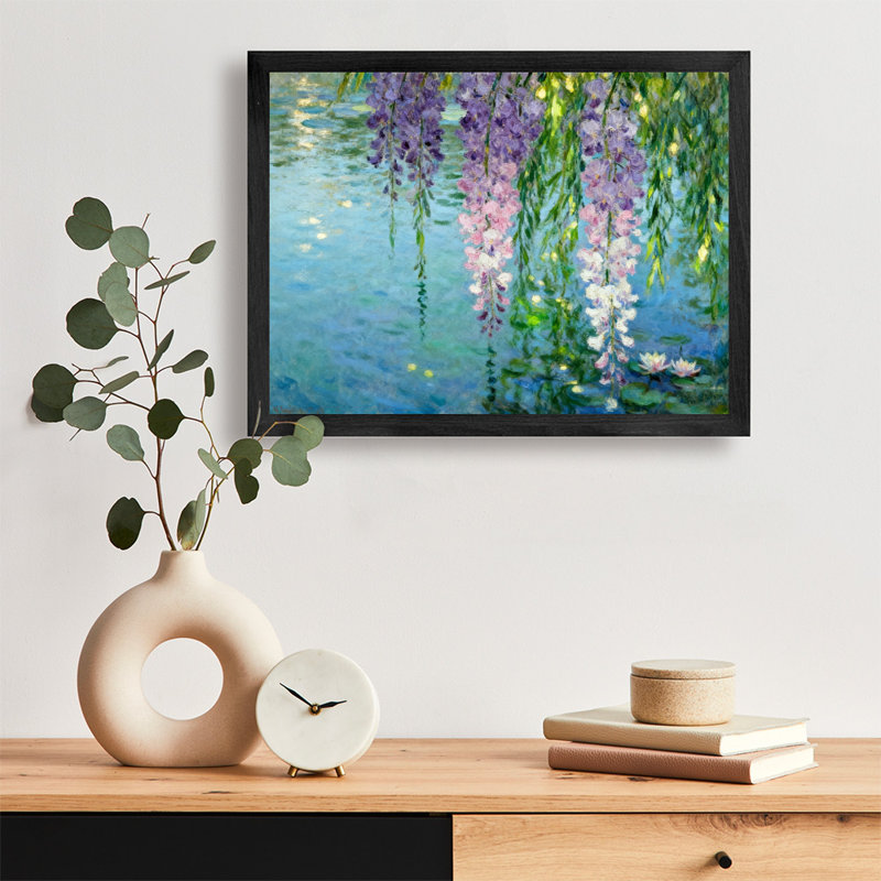 Reproduction d'art encadrée noire de fleurs de glycine rétro reflétée sur l'eau, H 11 po x l 9 po
