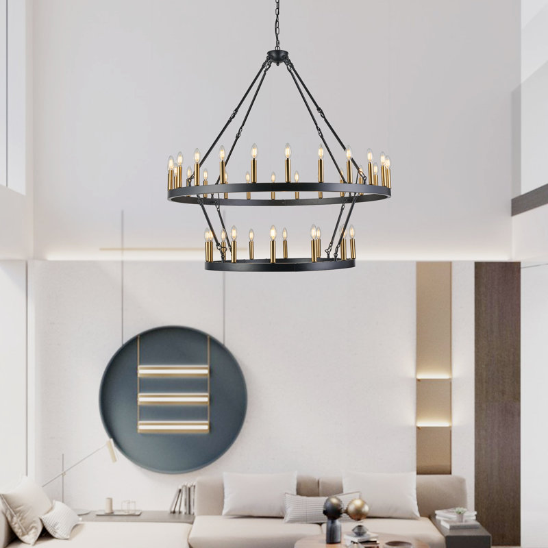 Vilmos 36 - Light Dimmable Wagon Wheel Chandelier, 50" W, Matte Black/Brushed Brass