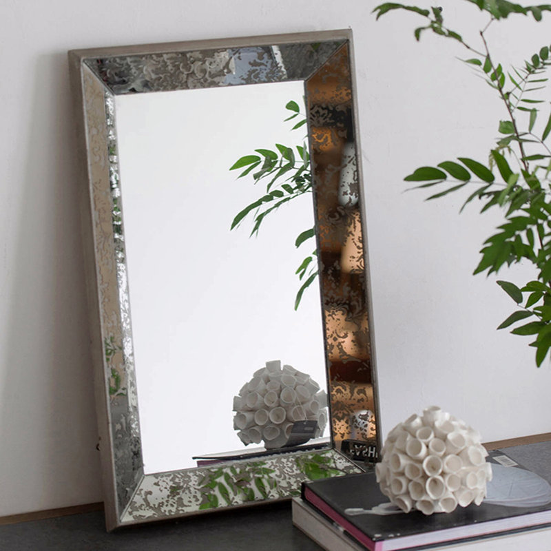 Miroir rectangulaire 24 "x 15" argent antique avec décorations florales, plateau de présentation en miroir, miroir mural suspendu