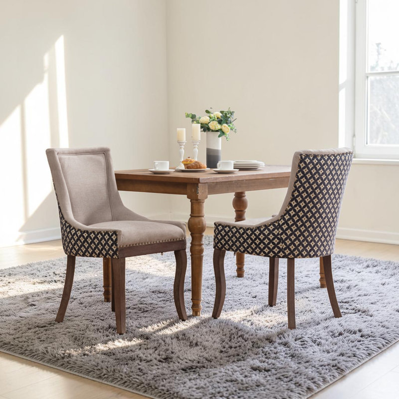 Chaise de salle à manger rembourrée en tissu épaissi et cloutée, 2, Étoile gris clair, Brun