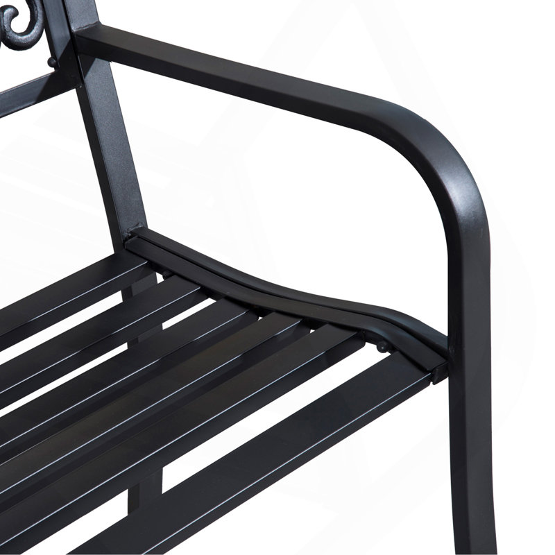 50" Outdoor Bench, Metal Garden Bench with Floral Pattern Backrest, Porch Bench with Slatted Seat for Park, Yard, Lawn, Black