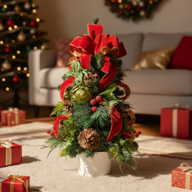 Holiday Tree with Artichokes, Berries and Bows in Pot
