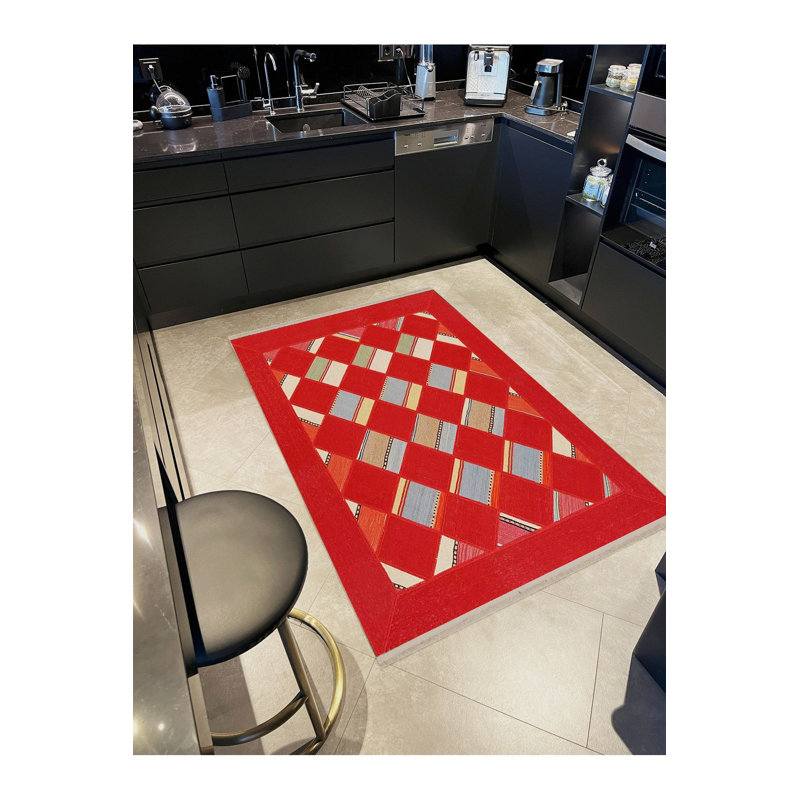 Machine Washable Red Geometric Rectangle Modern Decorative Rug, Runner 2'6" x 6'7" Rug Pad Included