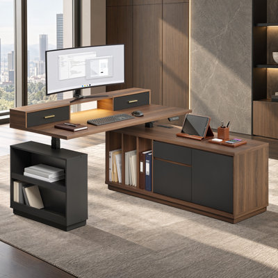 63"W L- Shaped Electric Standing Desk with 1.18 Inch One Piece Desktop Storage Cabinet and Charging Station for Home Office