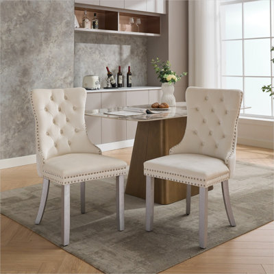 Ensemble de 2 chaises d'appoint, sièges de salle à manger rembourrés en velours de style moderne Mid-Century avec pieds en bois massif et garniture cloutée, ton blanc