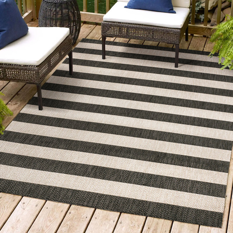 Hedya Two-Tone Wide Stripe Black/Beige Indoor/Outdoor Rug, Rectangle 7'10" x 10'