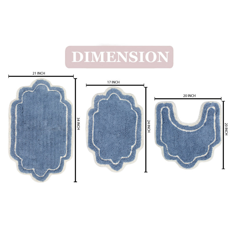 Dobrinka Cotton Bath Rug Set, Machine Washable, Quick Dry, Absorbent - 3 Piece Set with Contour, Blue