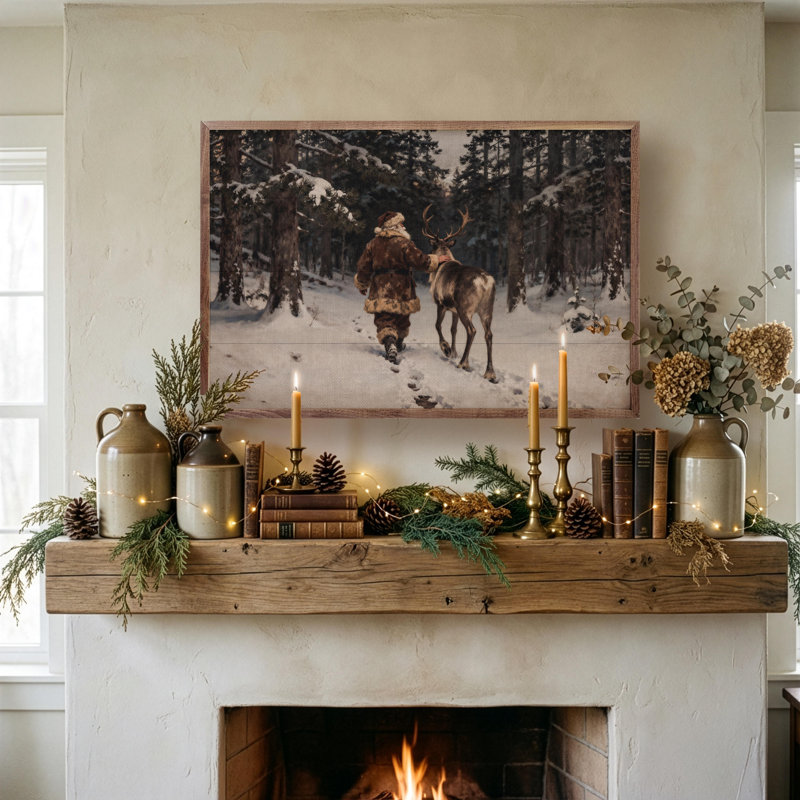 Santa And His Reindeer Walking, 16" H x 24" W