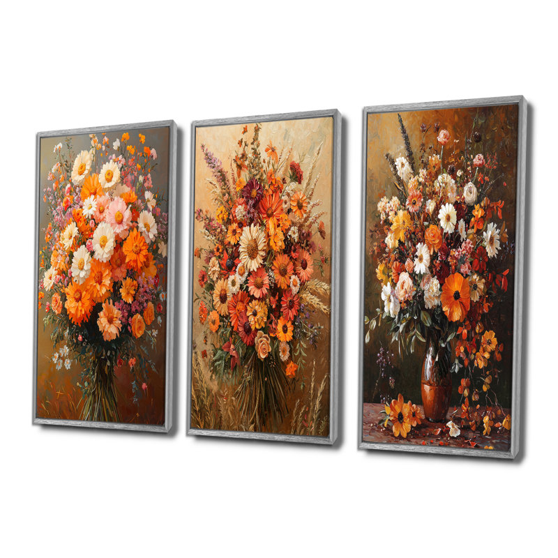 Assortiment de bouquets d'automne symphonique brun - Collection d'art mural traditionnel, Argent argent, H 28 po x l 36 po