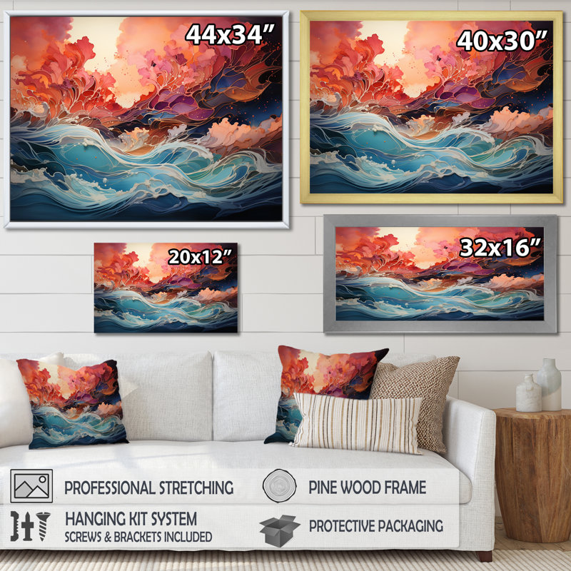 Art japonais sur toile, "Tempête japonaise", H 34 po x l 44 po x P 1,5 po, Toile tendue
